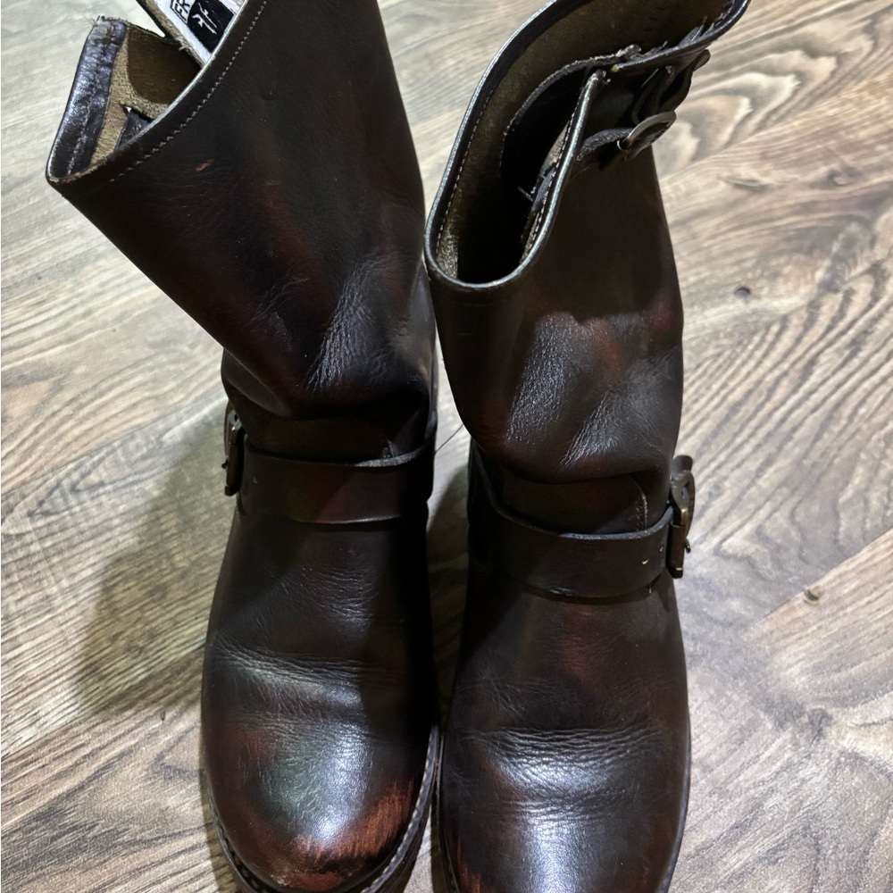 Frye Brown Leather Boots with Buckle Accents
